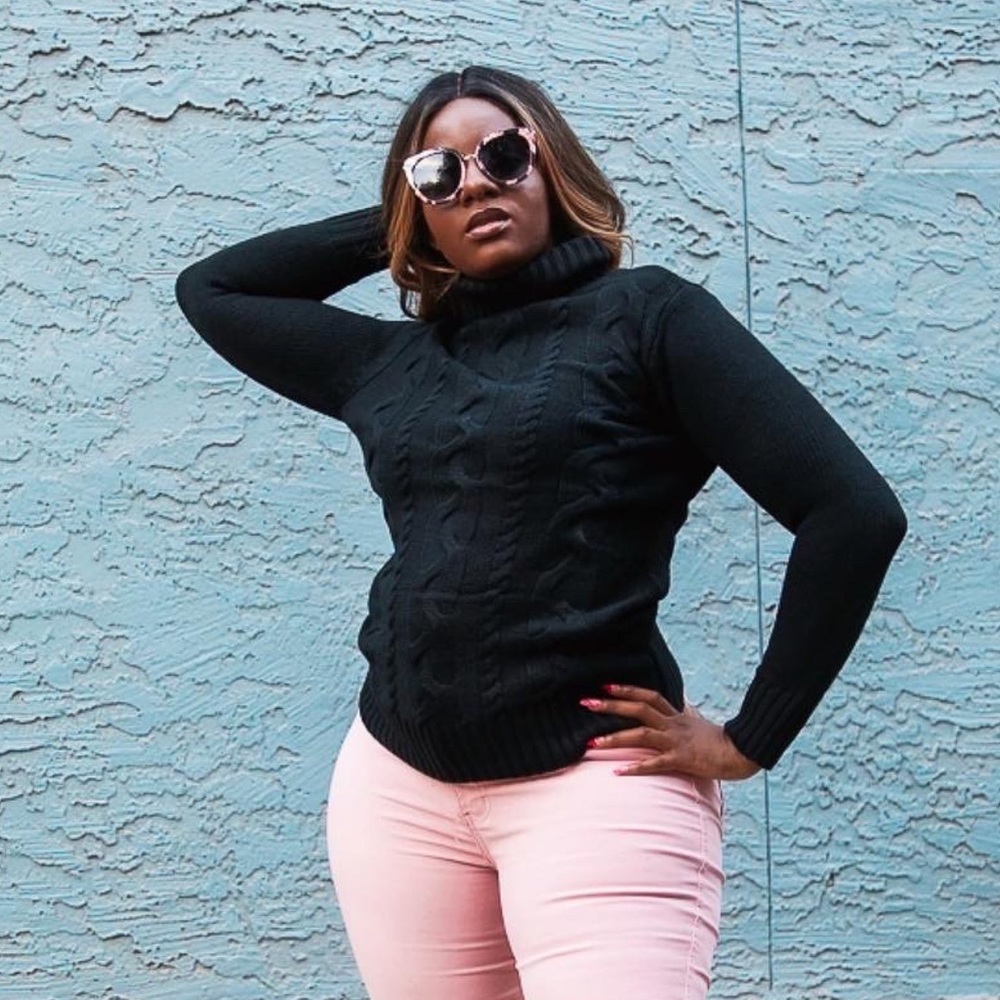 Braided Black Cable Knit Turtleneck Sweater
